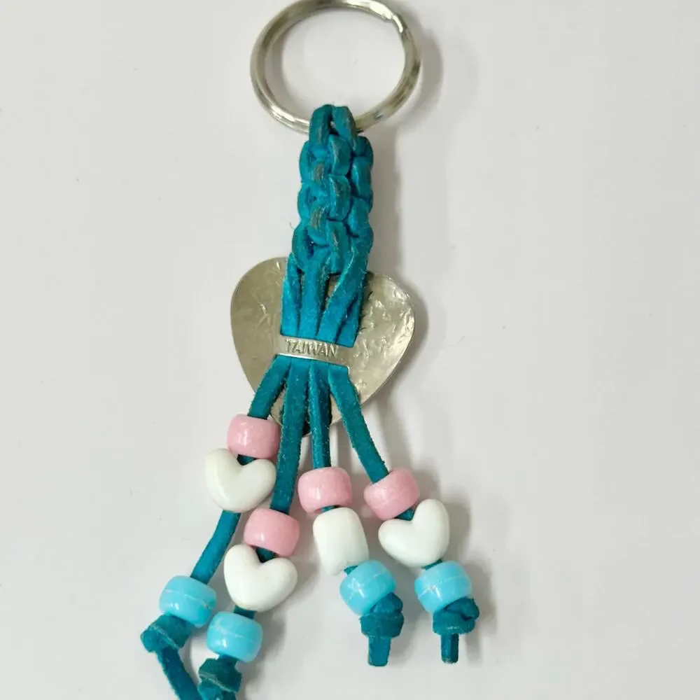 Vintage 90s handmade suede leather‎ and bead macrame Keychain heart concho boho